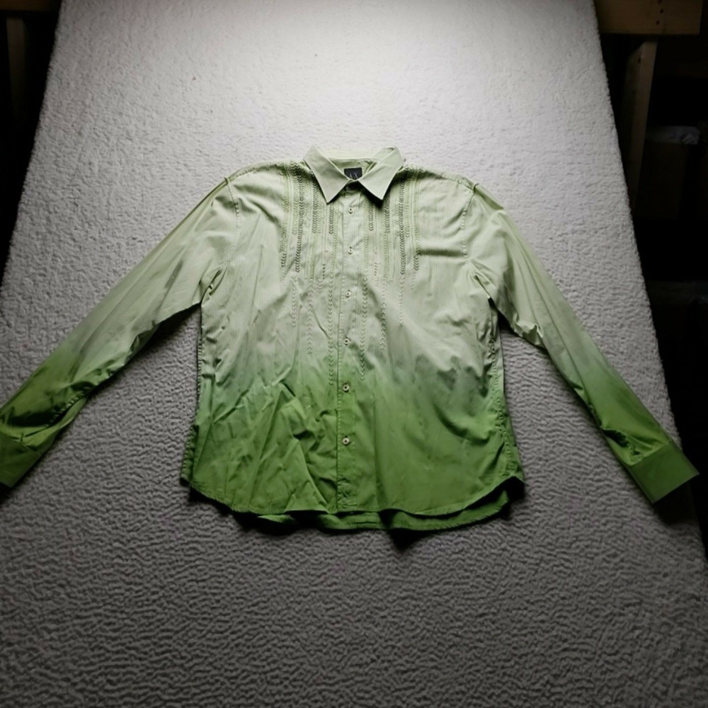 Armani Exchange Shirt Mens XL Green Striped Pleated Cotton Button-Up Long Sleeve